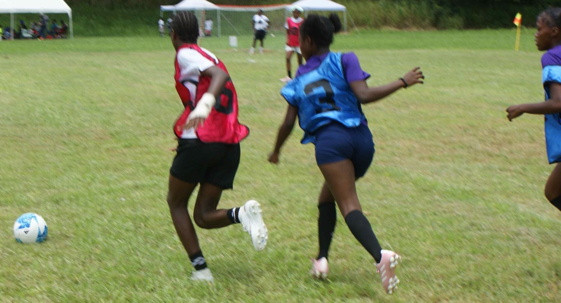 Two people running on a field with a frisbee.